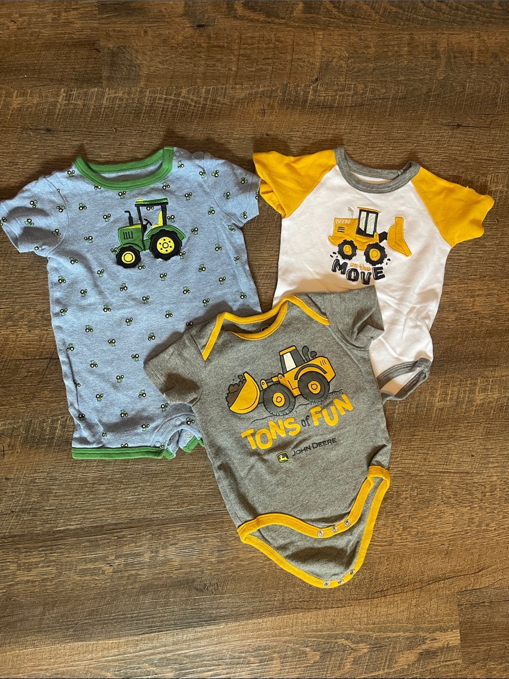 John Deere Yellow, Gray & Blue Tractor Baby Bodysuit Set